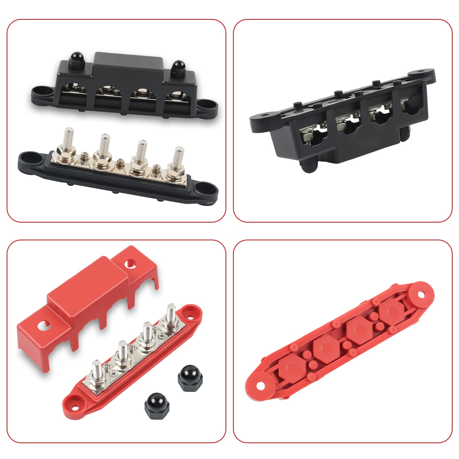250 Amp Sammelschienen Verteilerblock, 4 x M8 BusBar Box, 12V-48V DC Klemmenbolzen Hochleistungsmodul, Stromverteilerblöcke für Auto RV Boat Yacht(Rot+Schwarz)