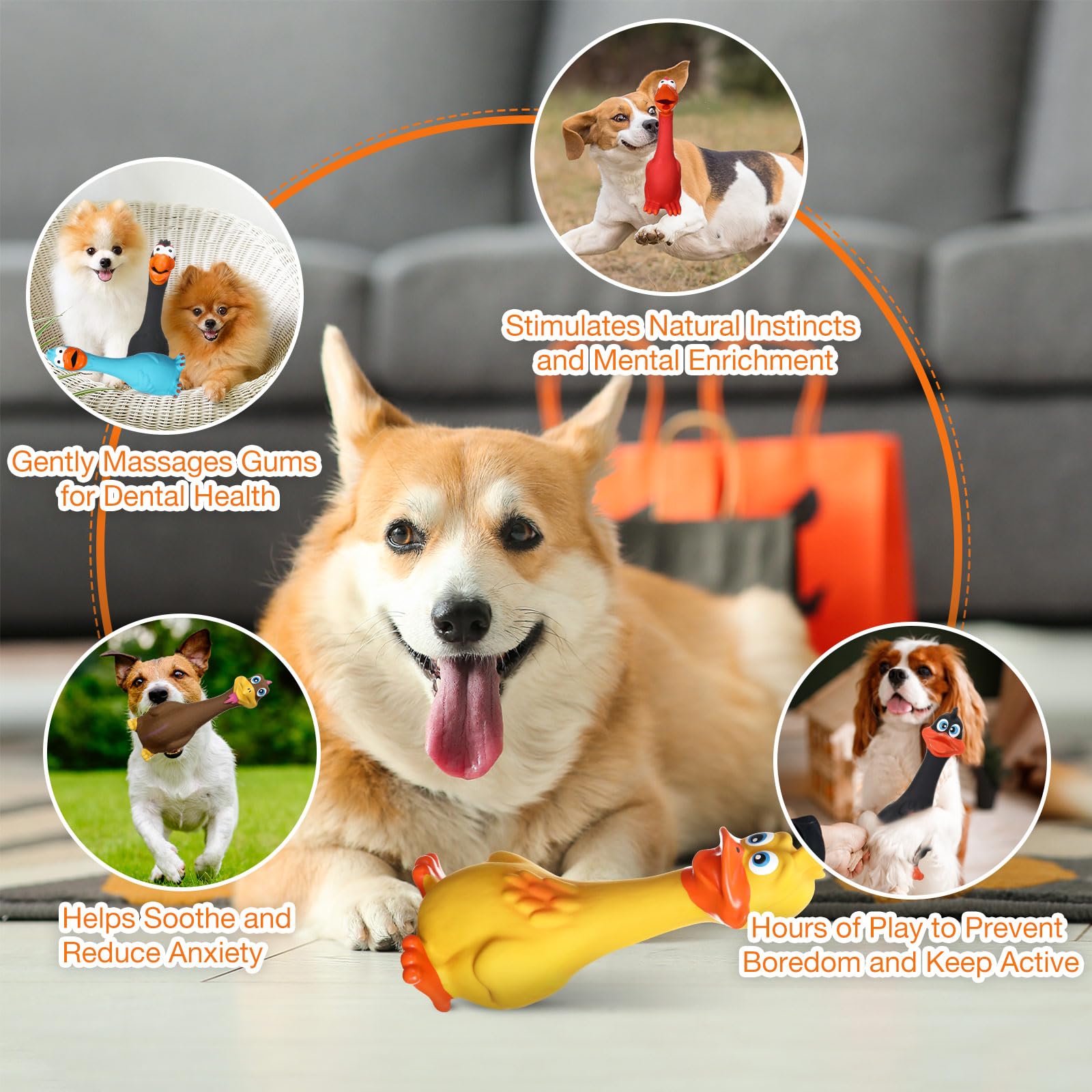 Lot de 6 jouets couineurs en latex pour chien de 17,8 à 20,3 cm - Jouet à mâcher en forme de canard qui crie - Bâton debout pour chiot et animal de compagnie de petite et moyenne taille