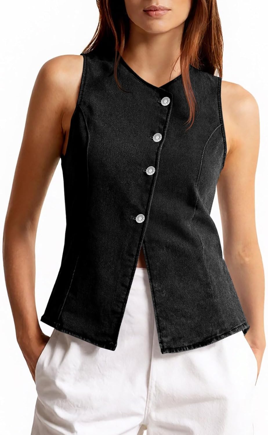 Tankaneo Womens Button Down Denim Vests Tops Sleeveless Fitted Jean Tank Tops Y2k Trendy Casual Waistcoat - Image 2