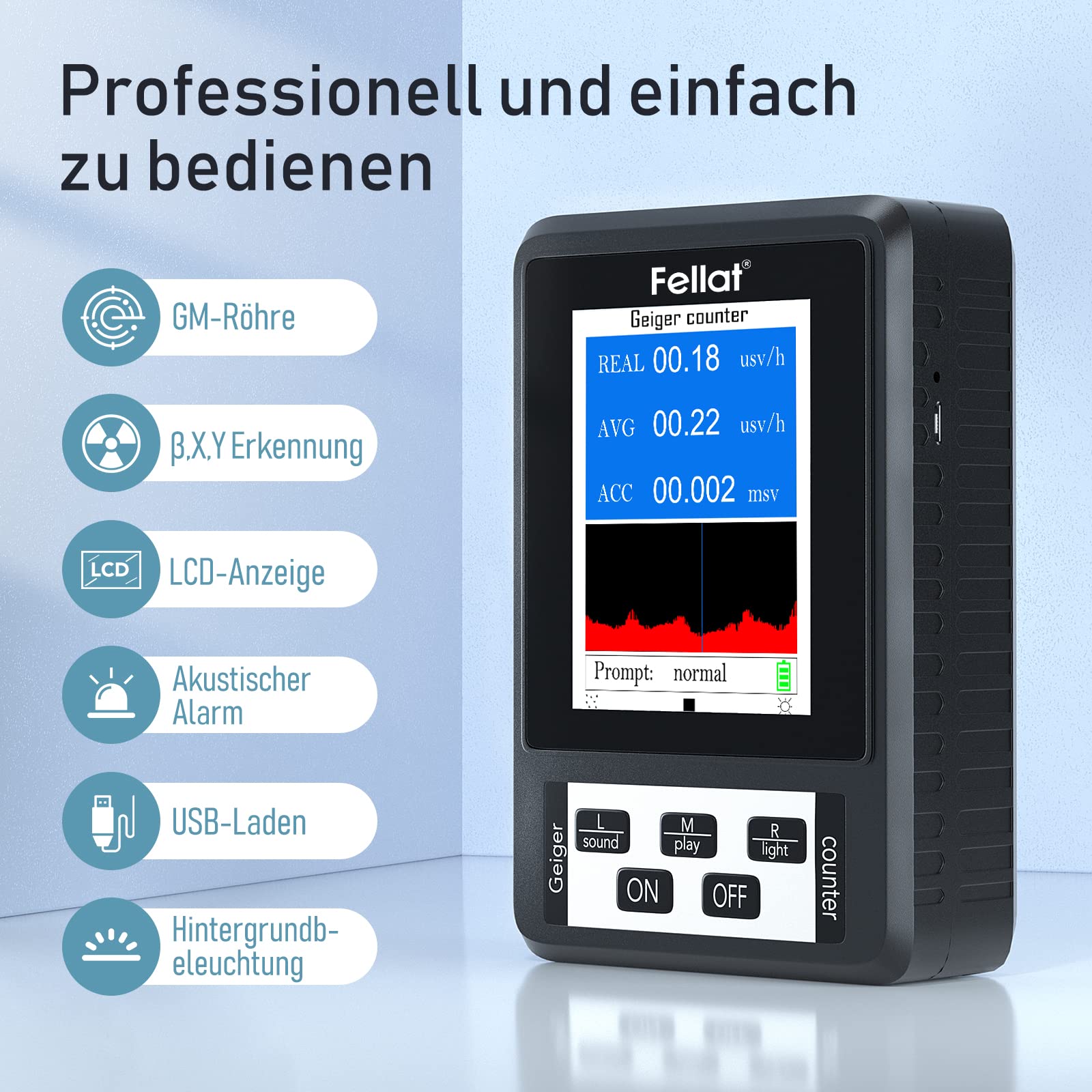 Geigerzähler, FELLAT Nuklear Strahlungsdetektor Dosimeter zur Messung, Beta Gamma Röntgen-Tester, Professioneller Strahlungsdetektor mit LCD-Display