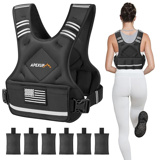 APEXUP Adjustable Weighted Vest 4-10lb 12-18lb 20-32lb Vest with 6 Ironsand Weights and Large Pocket Weight Vest for