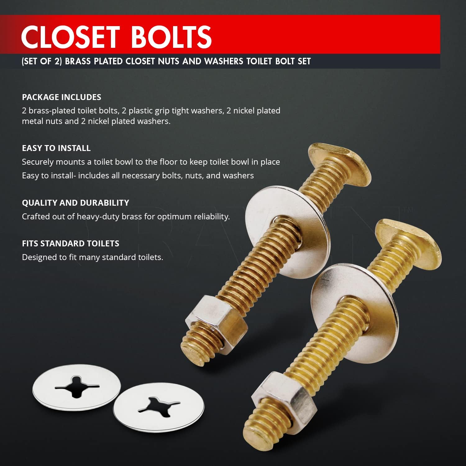 Raven KCDC-738534-200 Brass Plated Closet Bolts with Nuts and Washers For Toilets, 5/16-inch x 3-1/2 inch, Pack of 200, 5/16" x 3-1/2"