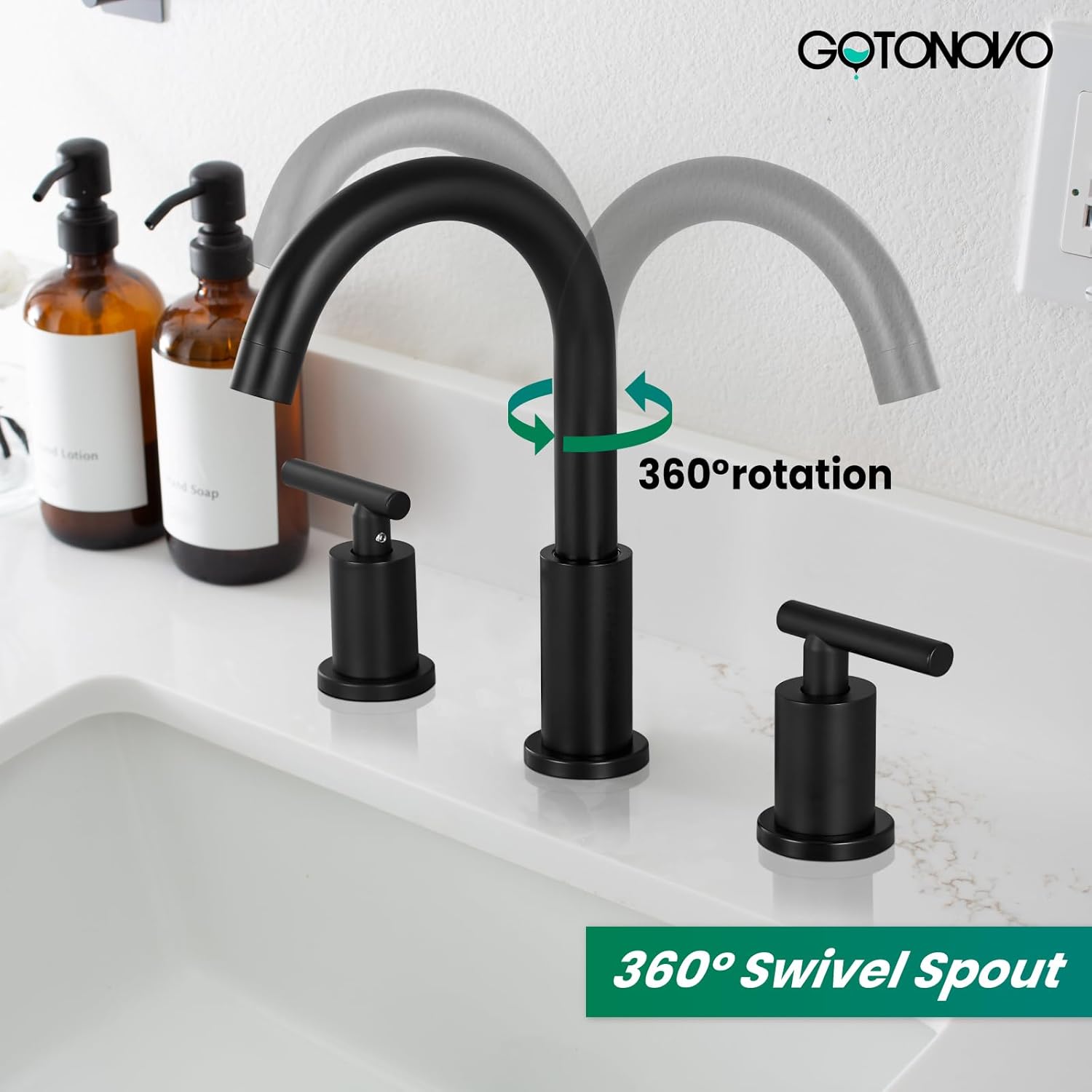 gotonovo 3 Hole 2 Handles Lavatory Basin Bathroom Sink Faucet with Pop Up Drain with Hot and Cold Mixer Valves 8 Inch Widespread Bathroom Faucet Matte Black