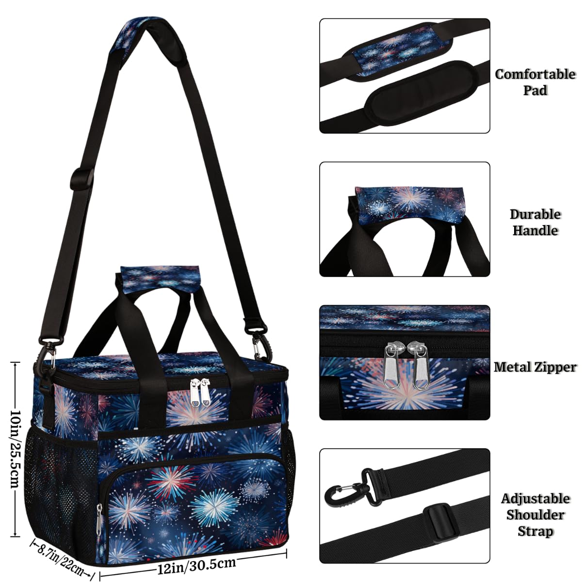 Holiday Insulated Picnic Backpack Lunch Box for Women Men Picnic Basket Tote Lunch Bag Picnic Bag Portable Lunch Bags for Picnic, Beach, Work, Trip,Office, Camp Fireworks