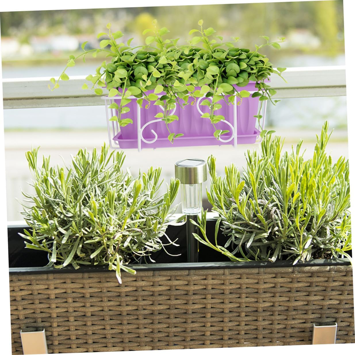 GLEAVI Rectangle Hanging Flower Planter Pot with Tray, Medium Purple Vegetable and Succulent Planting Container for Outdoor Garden Balcony and Indoor Window Use