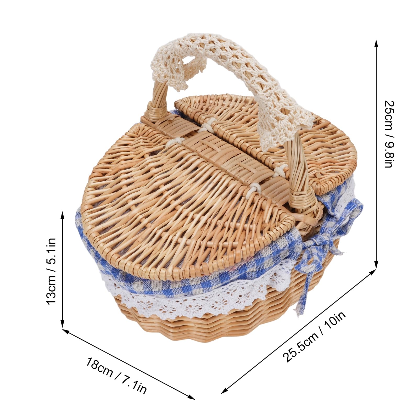 Panier de Pique-Nique en Osier avec Couvercle et Poignée, Panier de Pique-Nique pour la Cueillette de Légumes de Camping, Couvercle à Double Ouverture et Doublure Amovible (Plaid Bleu)