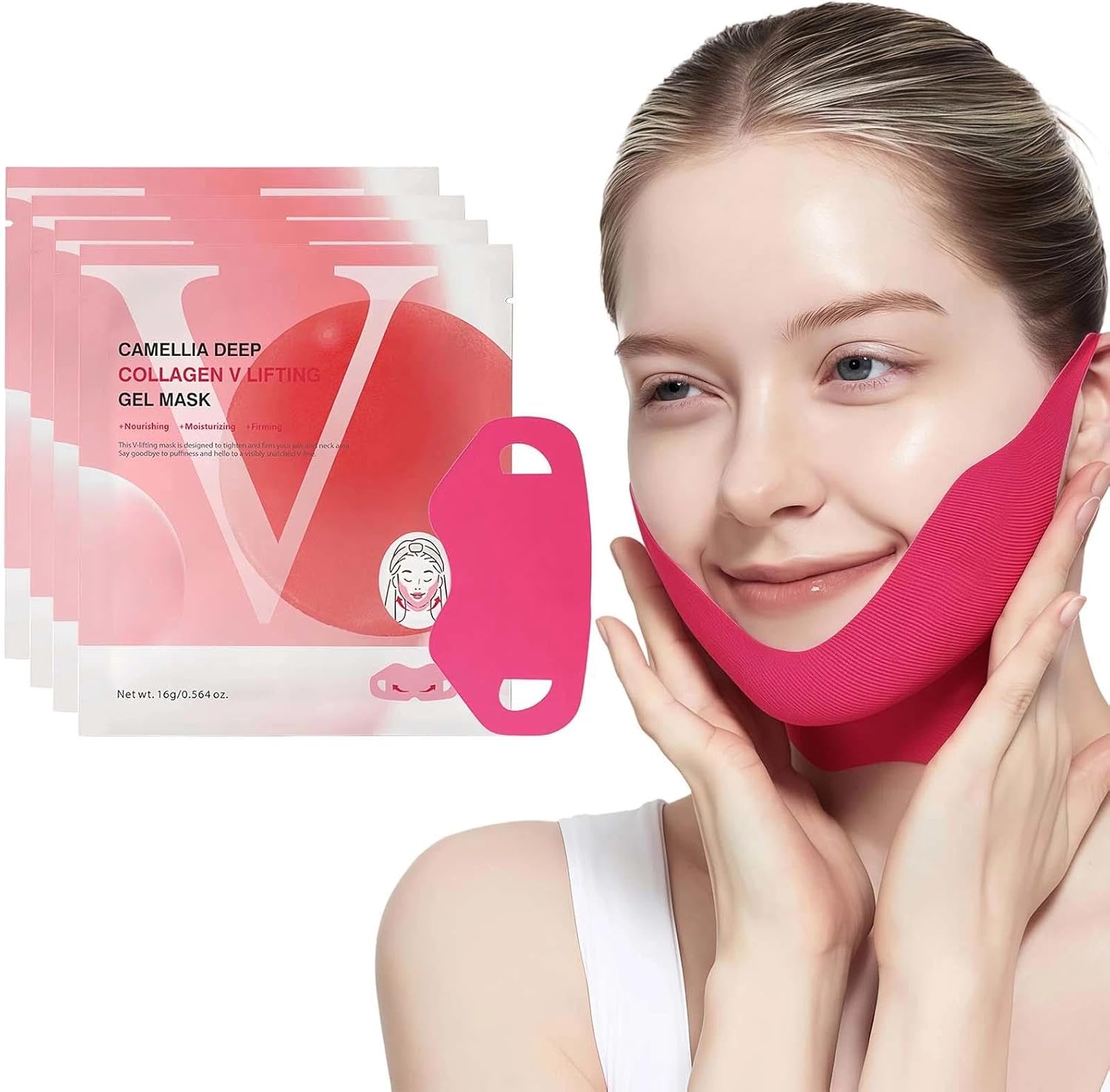 Camellia Deep Collagen V Lifting Gel Mask, 4 Pcs | Instant Tightening & Face Sculpting, Cooling & Depuffing | Double Chin Reducer & Neck Firming for Sagging Skin, Korean Skin Care