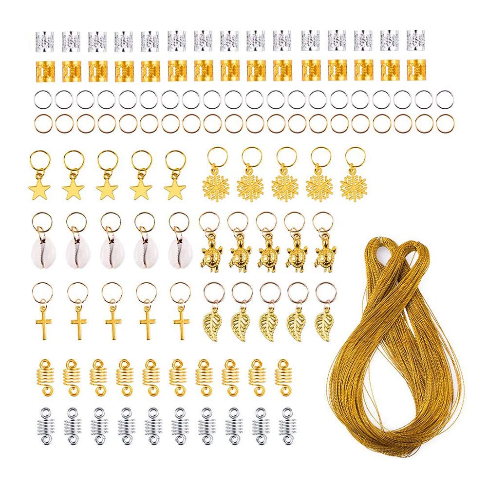 HSDCK 120 Pieces Hair Jewelry Rings Aluminum Hair Accessories Hair Rings and Cuffs Decorations Pendants with 100m Metallic Cord Gold and Silver