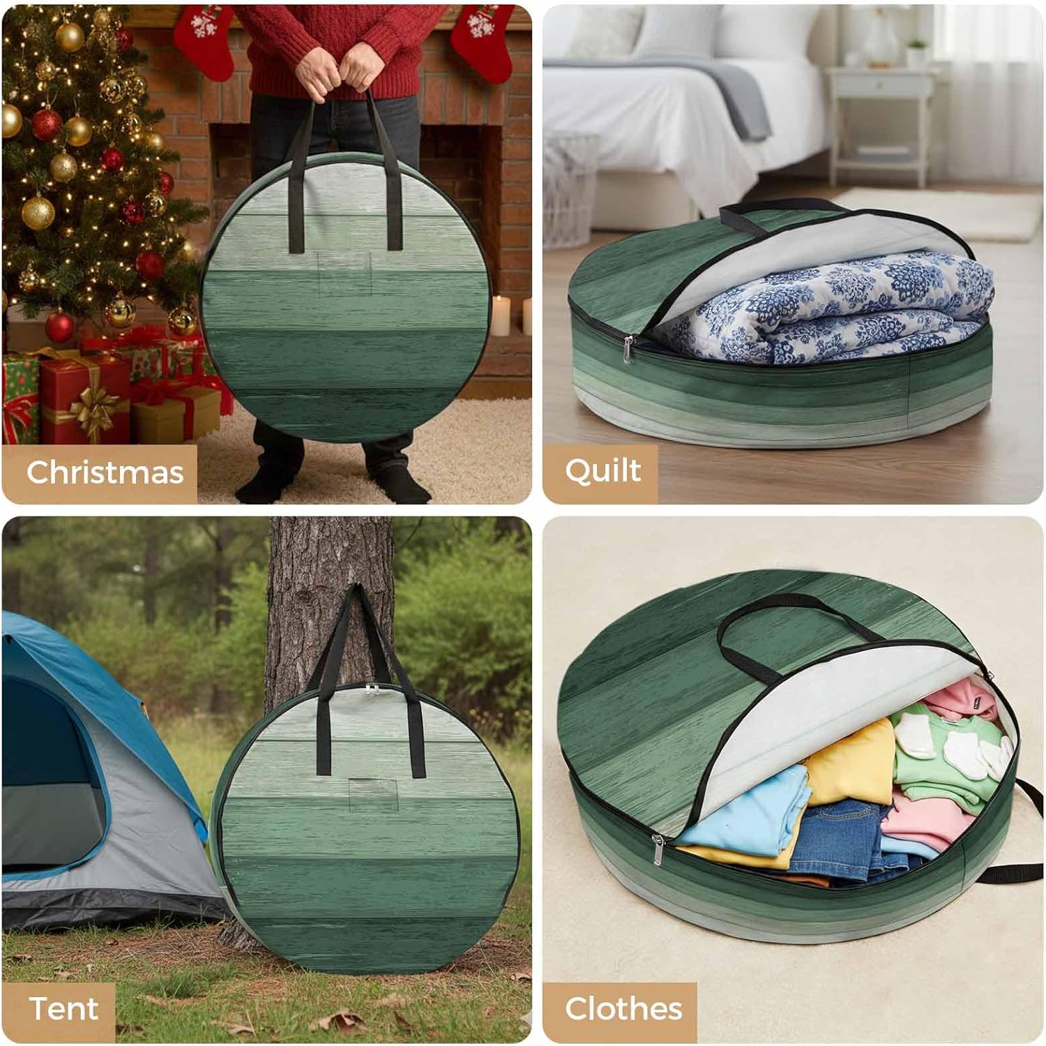 Rustic Stripes Round Storage Bag 36 Inch, Green Gradient Farmhouse Wood Grain Clothes Storage Container with Handles Heavy Duty Organizer for Comforter, Bedding & Holiday Wreaths