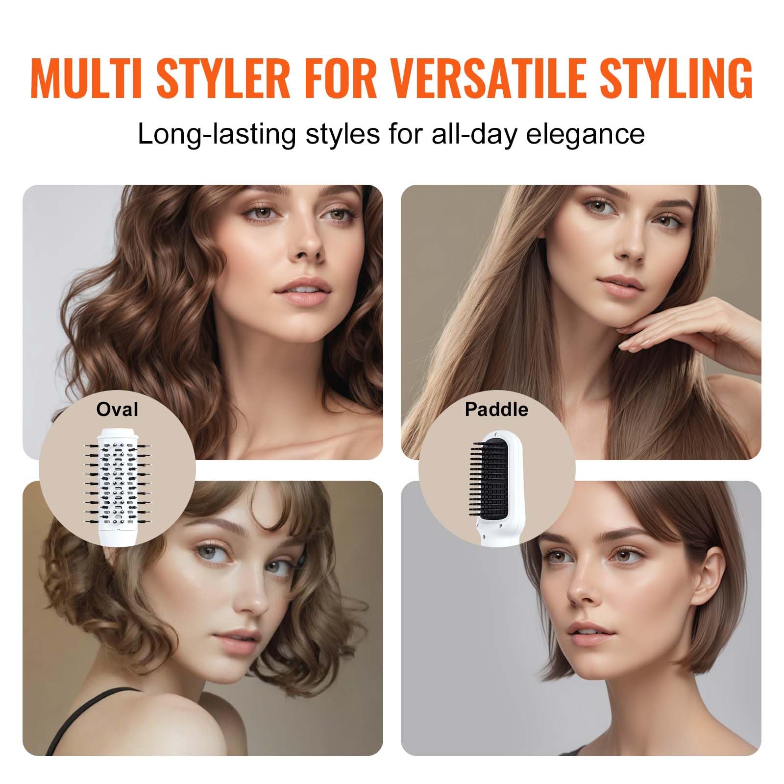 VEVOR Haartrockner, Ionen-Haartrocknerbürste, 110.000 U/min Airstyler mit Oval- & Paddelbürste, 4 Temperatur- & 3-Geschwindigkeits-Föhnbürsten-Styling-Tool für Trocknen, Volumengebendes Glätten