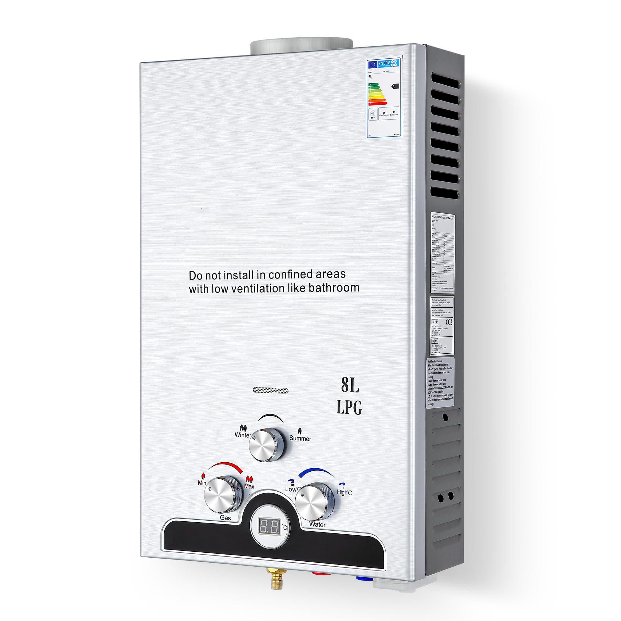VONLUCE 8L Scaldabagno a Gas GPL 13,6 kW a Parete con Modalità Commutabili, Caldaia a Gas GPL Automatica Istantanea con Display a LED e Nucleo in Rame
