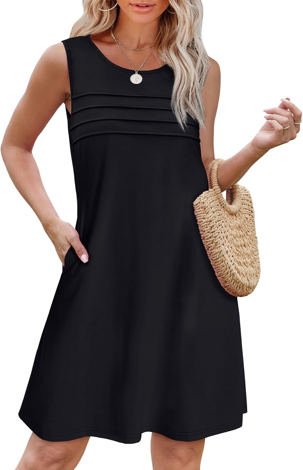 OFEEFAN Womens Pleated Front Tank Dresses Fashion Spring Sleeveless Pockets Sundress Casual Summer