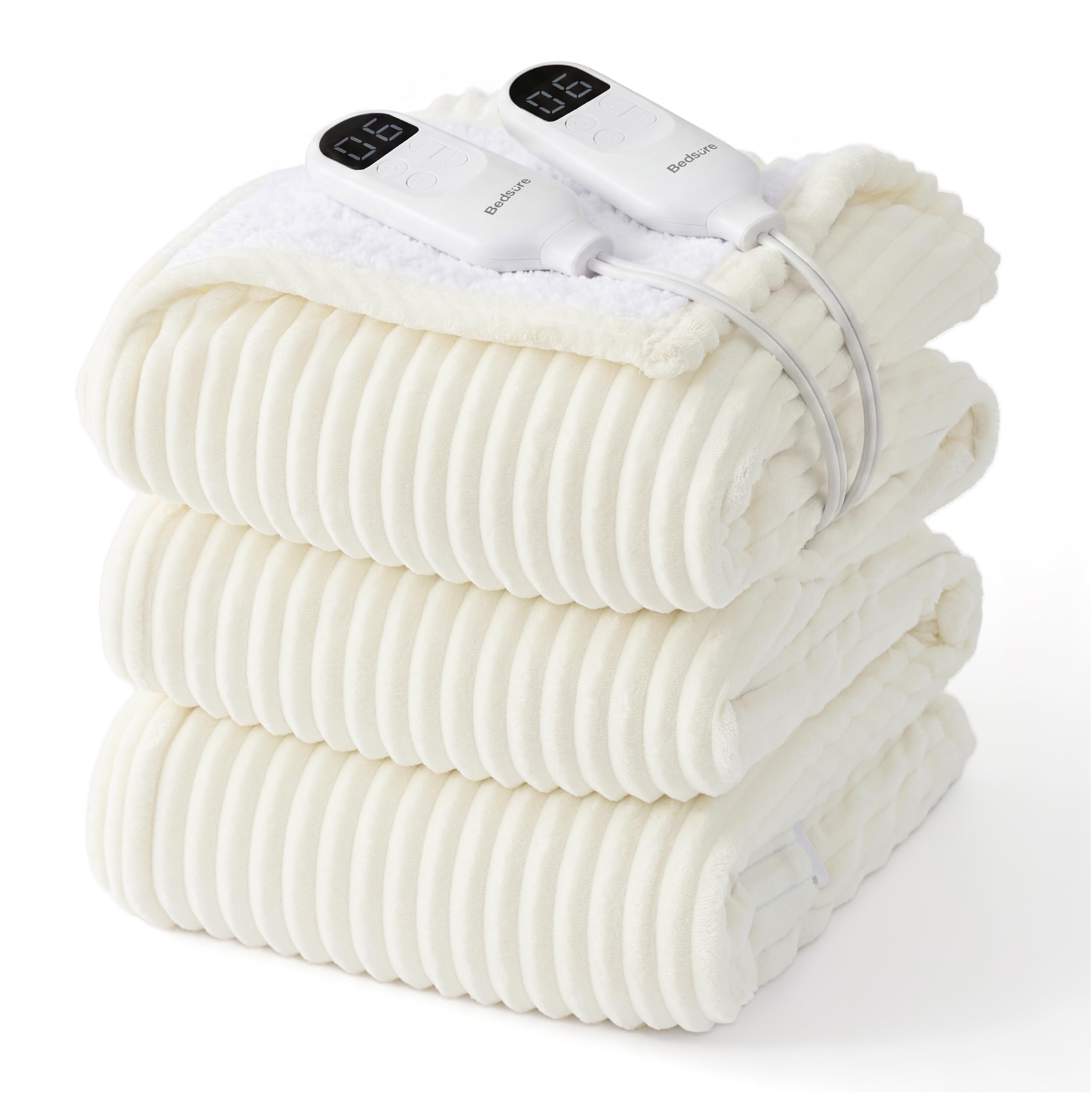 Bedsure Ribbed Electric Blanket Queen, Preheat Heated Blanket Coconut White