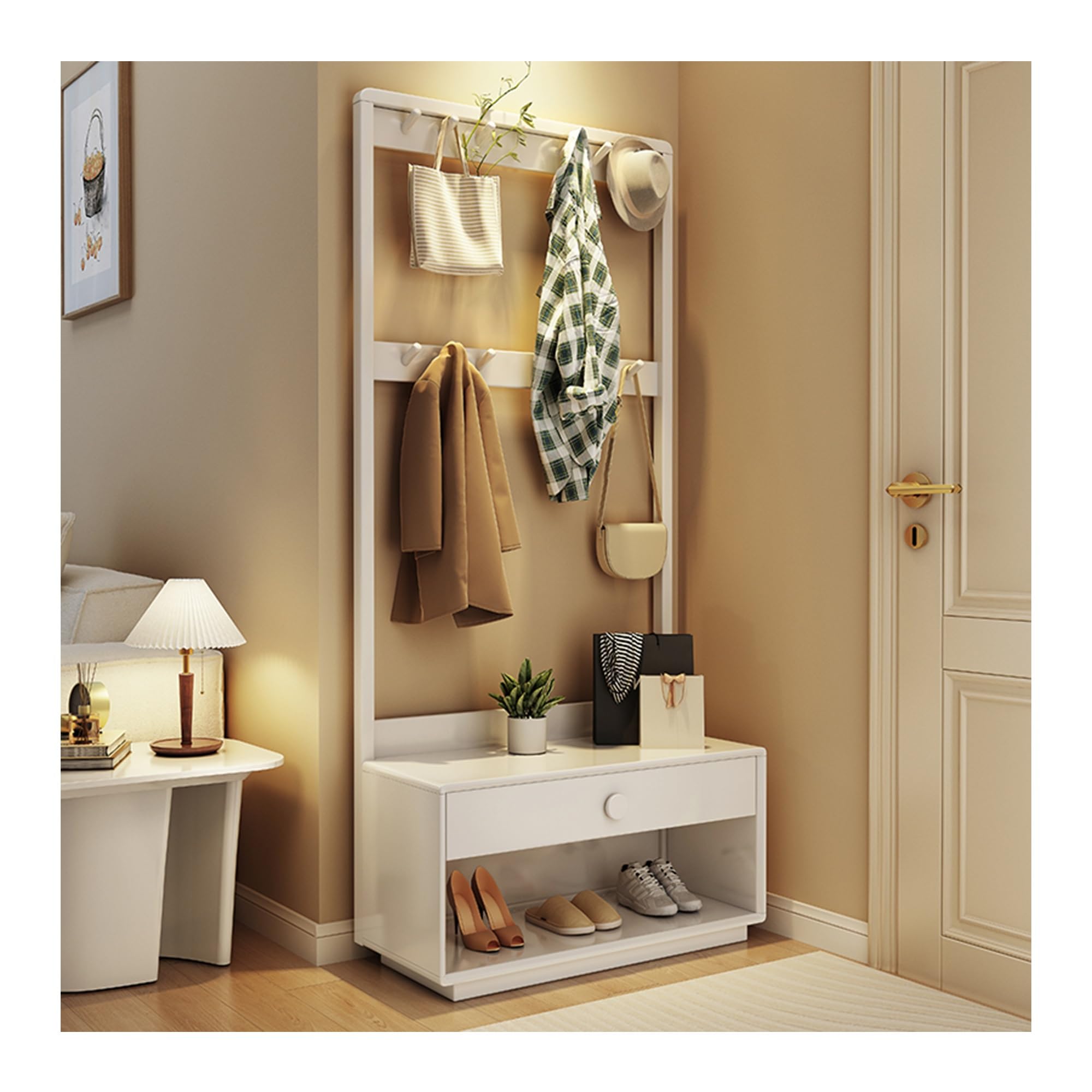 LWJSOCP Shoe Rack Coat Rack with Bench & Cushion Freestanding Wooden Modern Entryway Storage nizer for Hallway Living Room Mudroom