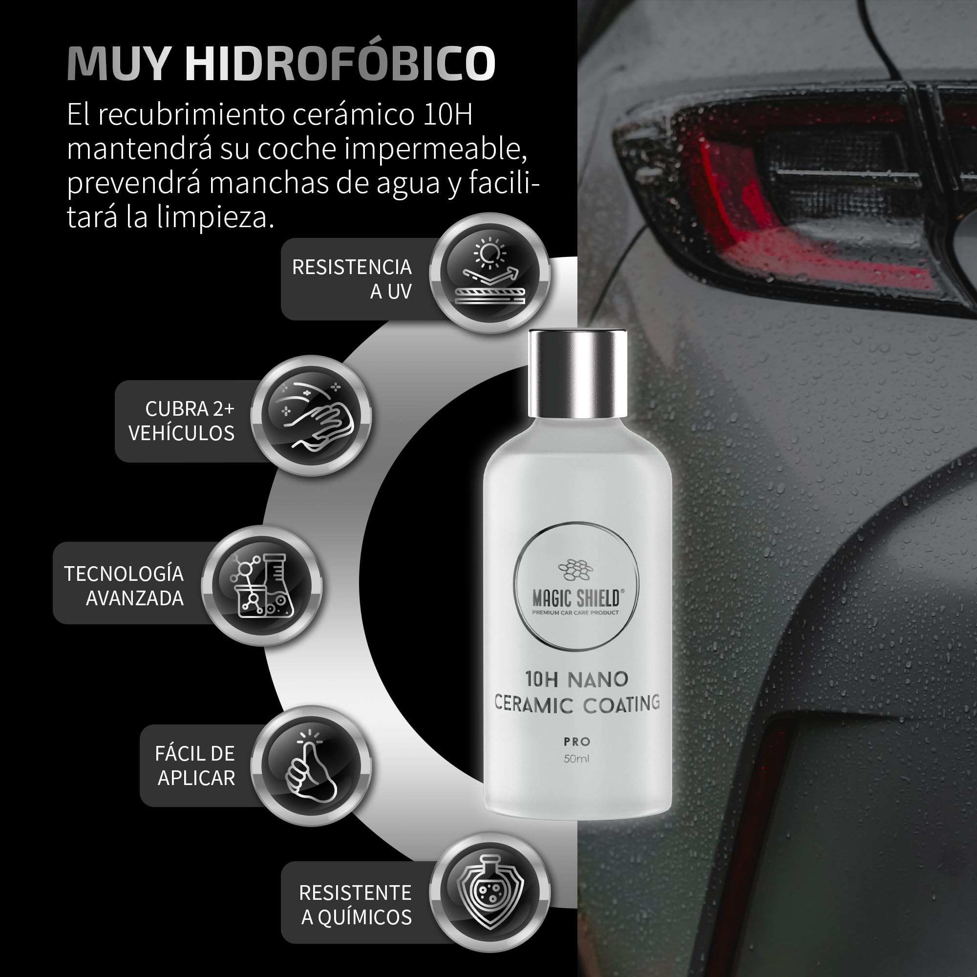 Magic Shield Ceramic Coating PRO 10H - Self-Healing | Long lasting for 2 cars+ | Advanced SiO2 Protection | Easy Application | Candy-Like Gloss | Perfect for Cars, Motorcycles, RVs, and Boats (50ml)