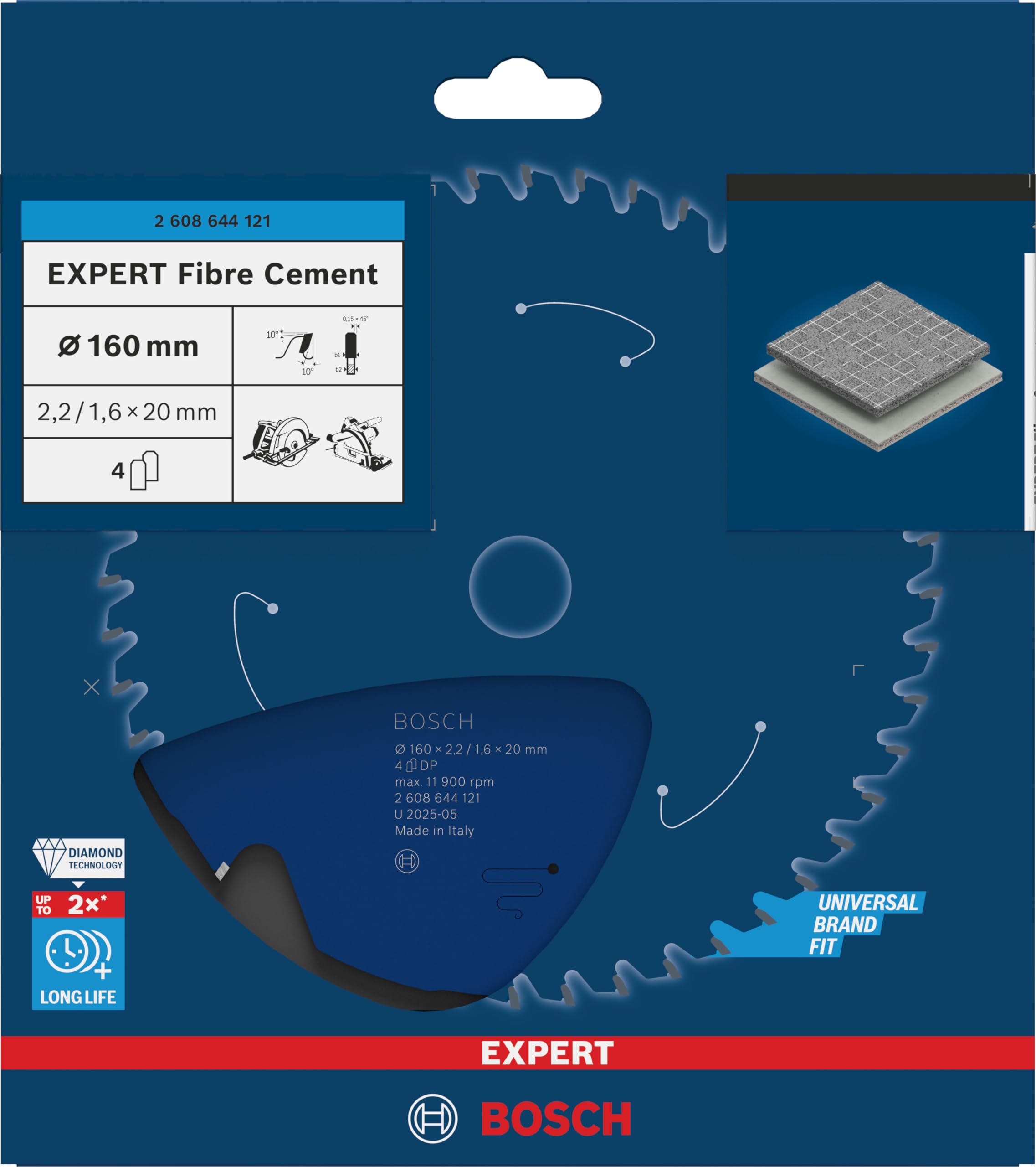 Bosch Professional 1x Lama per sega circolare Expert for Fibre Cement (per Pannelli in fibrocemento, 160 x 20 mm, 4 denti, Accessorio Sega Circolare)