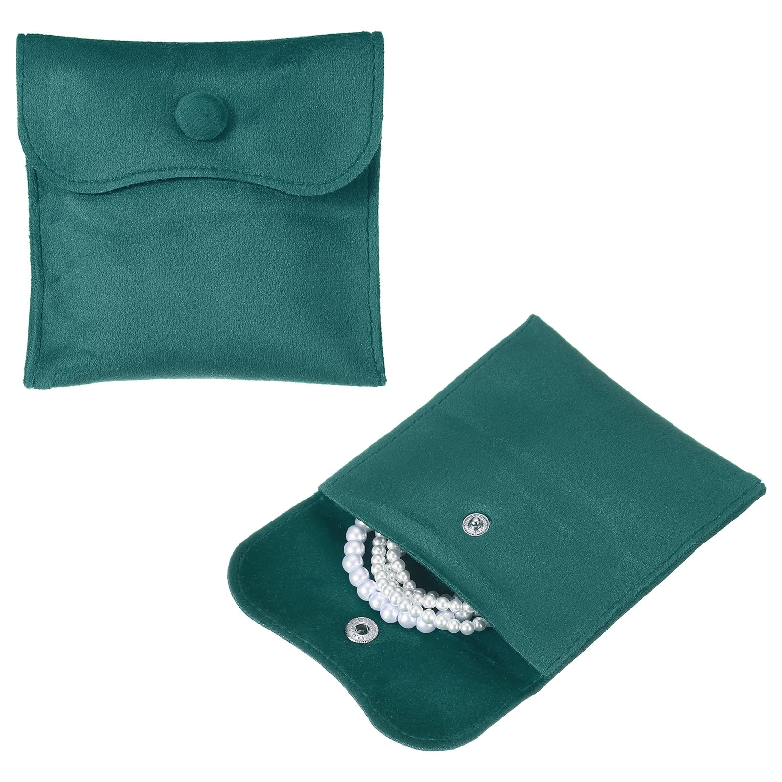 sourcing map 2 Pcs Velvet Jewelry Pouches with Snap Button 10x10cm Small Storage Bags Gift Soft Jewelry Organizer Portable Packaging Fit for Necklaces Bracelet Rings Earings Watch, Dark Green