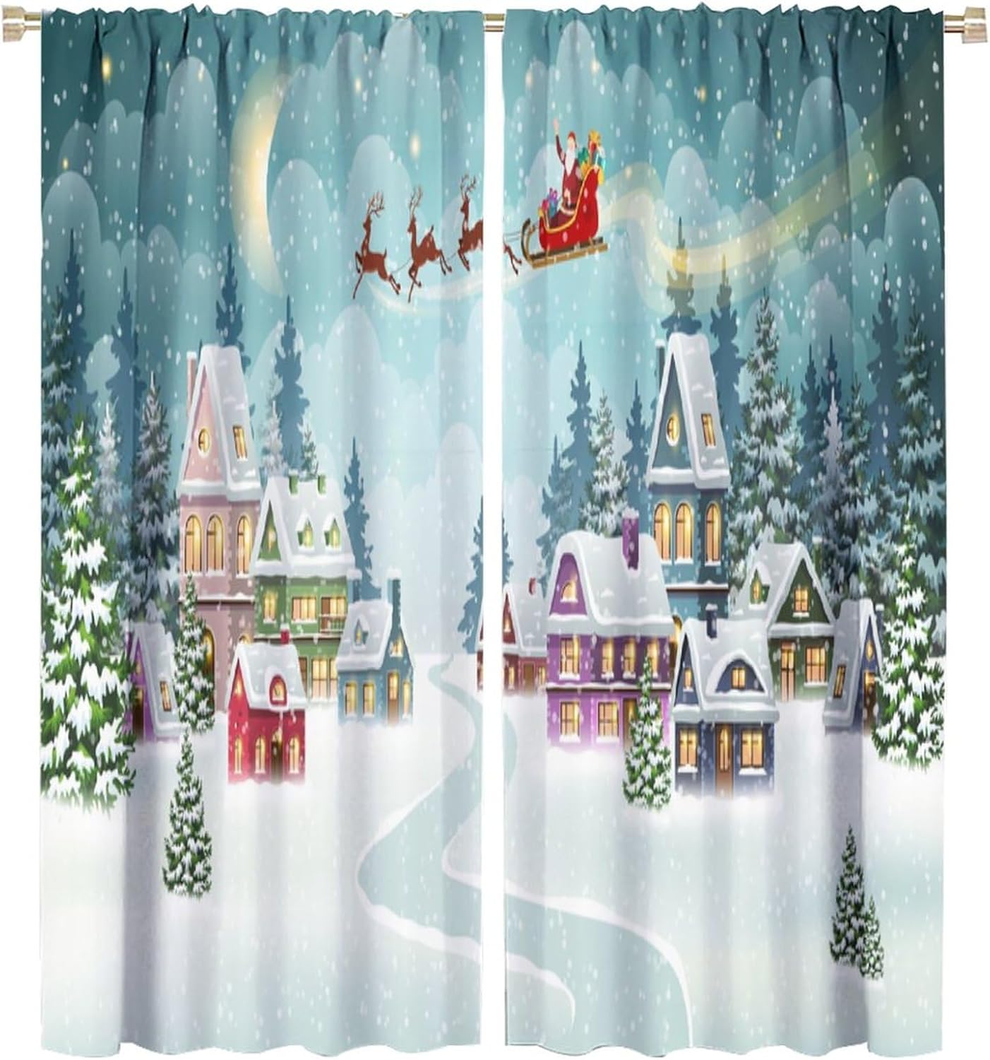 Christmas Winter Curtains, Santa Reindeer White Winter Window Treatments Drapes for Bedroom Living Room Kitchen 42x63in (Blackout)