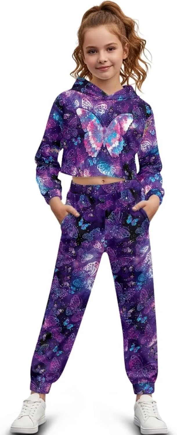 Casual Girls Sweatsuit Fashion Crop Tops Hoodies and Swaetpants Girls Athletic Sets