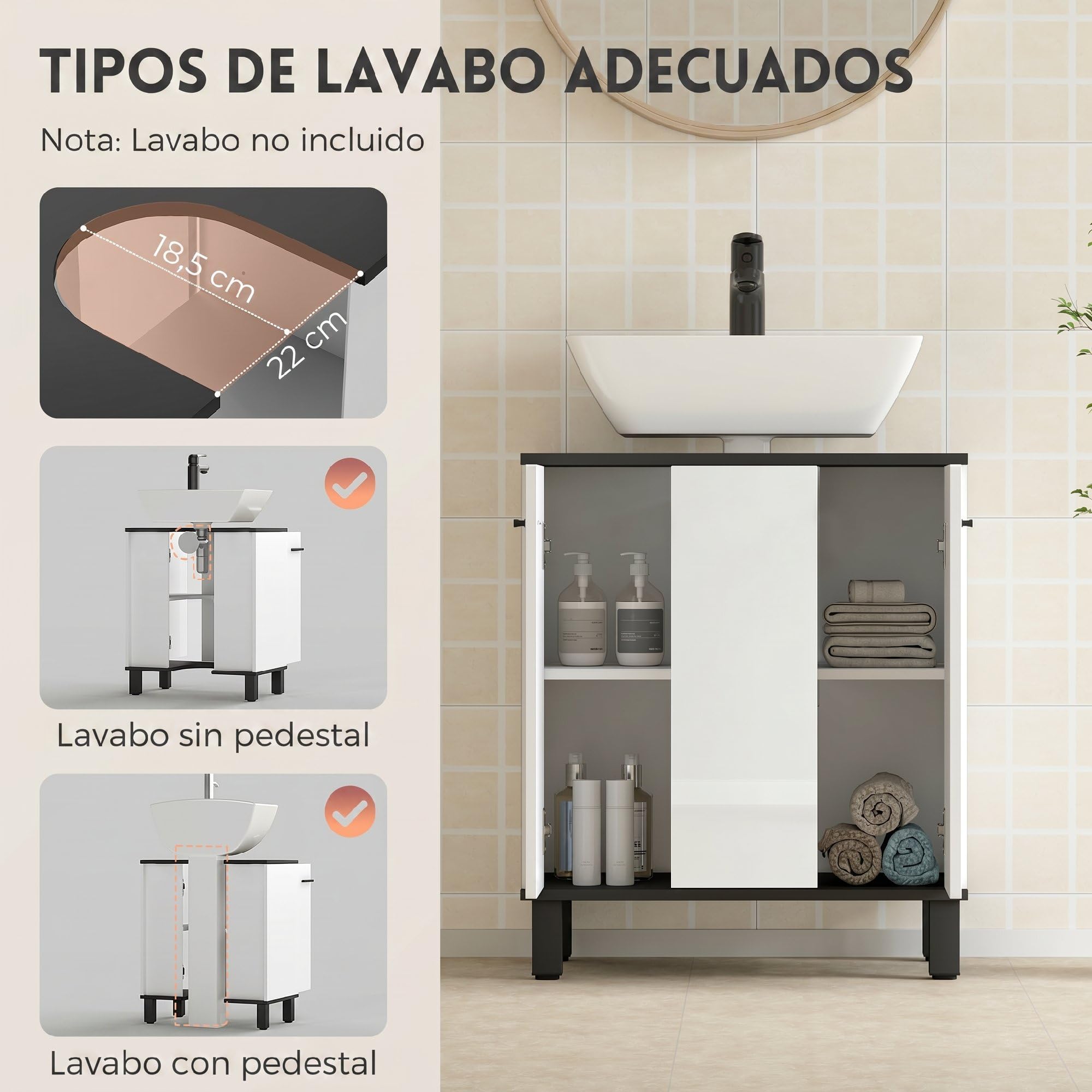 HOMCOM Mueble Bajo Lavabo, Mueble de Baño Compacto con Estante Ajustable, 2 Puertas, Estilo Moderno, para Lavabo con o sin Pedestal, 60x34x70 cm, Blanco Brillo