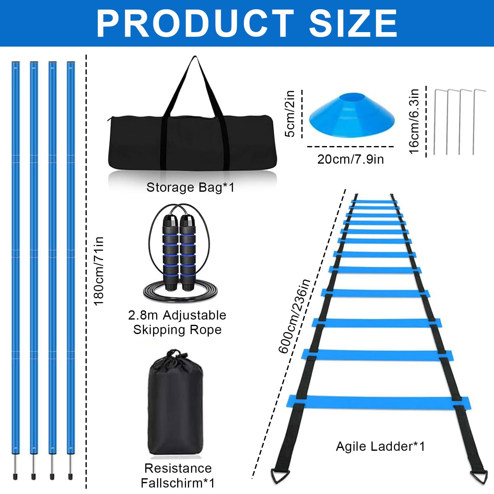 Barres de slalom - Accessoires d'entraînement de football - Kit d'entraînement de football avec 6 pôles slalom, échelle de coordination 6 m, 12 cônes, corde à sauter et parachute de