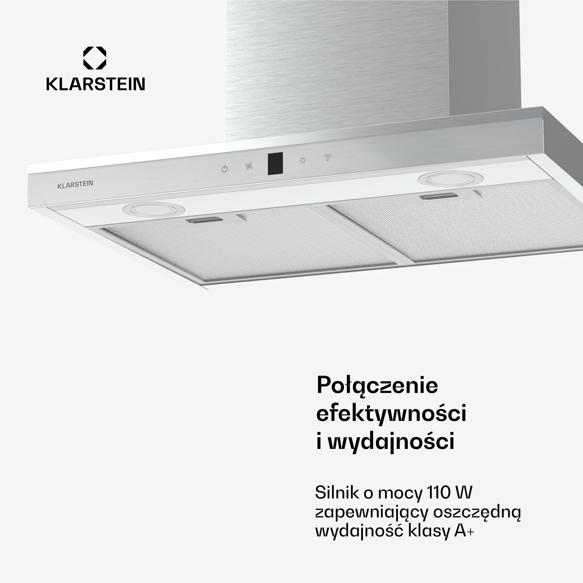 Klarstein Auriana okap kuchenny – 60 cm, przepustowość powietrza 700 m³/h, efektywność energetyczna A+, sterowanie Wi-Fi i dotykowe, oświetlenie LED 6000 K, silnik 110 W, czarny, filtr powietrza