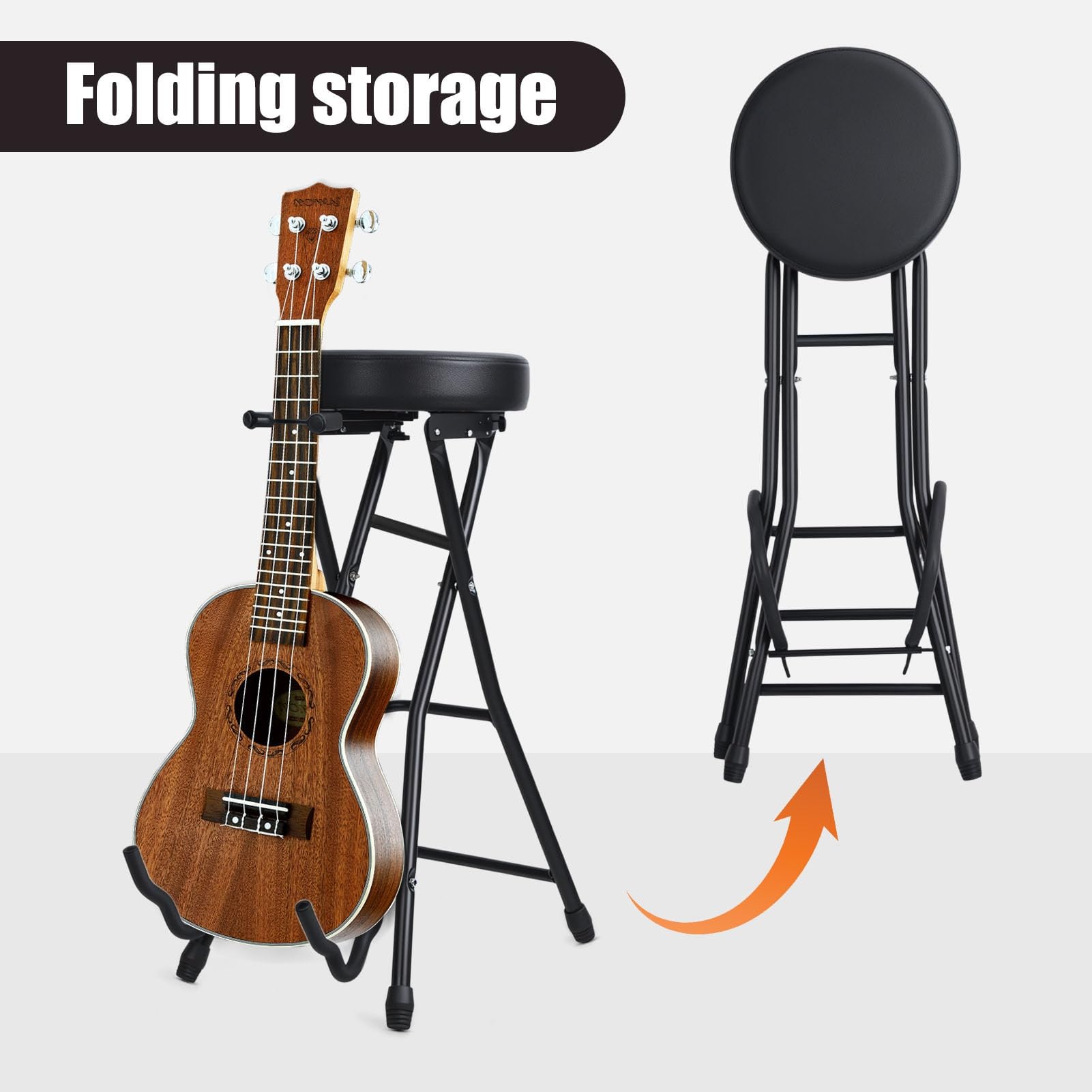 Składany taboret gitarowy z wbudowanym wspornikiem, tapicerowane siedzisko, podnóżek, chowany hak, do gitary akustycznej, elektrycznej, basowej, studia, klasy, powtarzania, sceny, czarny