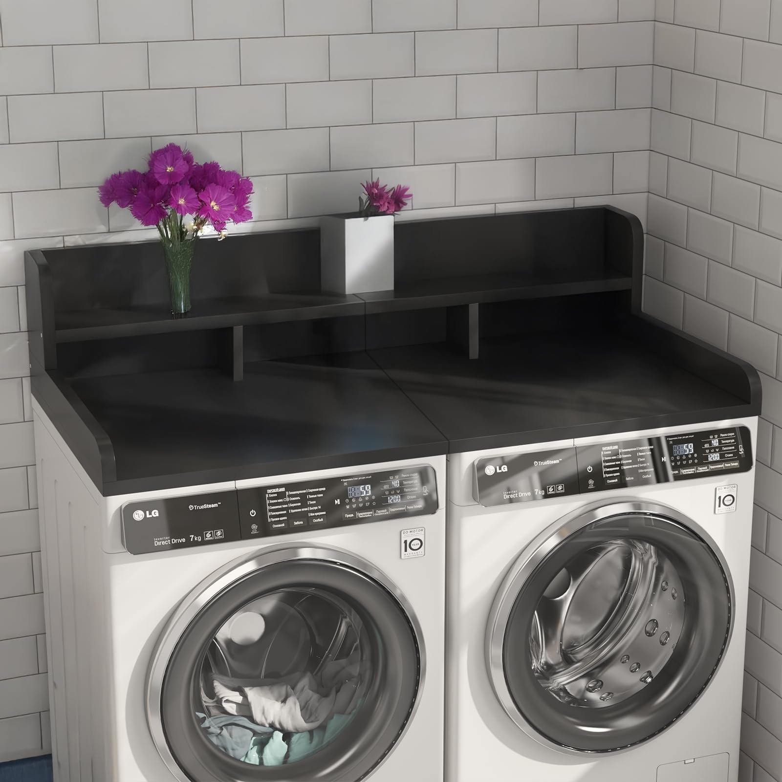 54" Washer Dryer Countertop –Double Layer Organizer for Washer and Dryer, Waterproof Surface &amp; Non-Slip Design (Black)