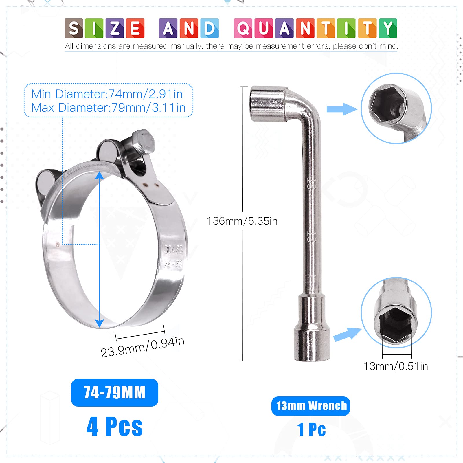 Glarks 4Pcs 74-79mm T-Bolt Hose Clamps 304 Stainless Steel Heavy Duty Ear Clamp Tube Clamp Adjustable Pipe Clamps for 2.9''-3.1'' Dia Range Hose(74-79MM) - Image 2