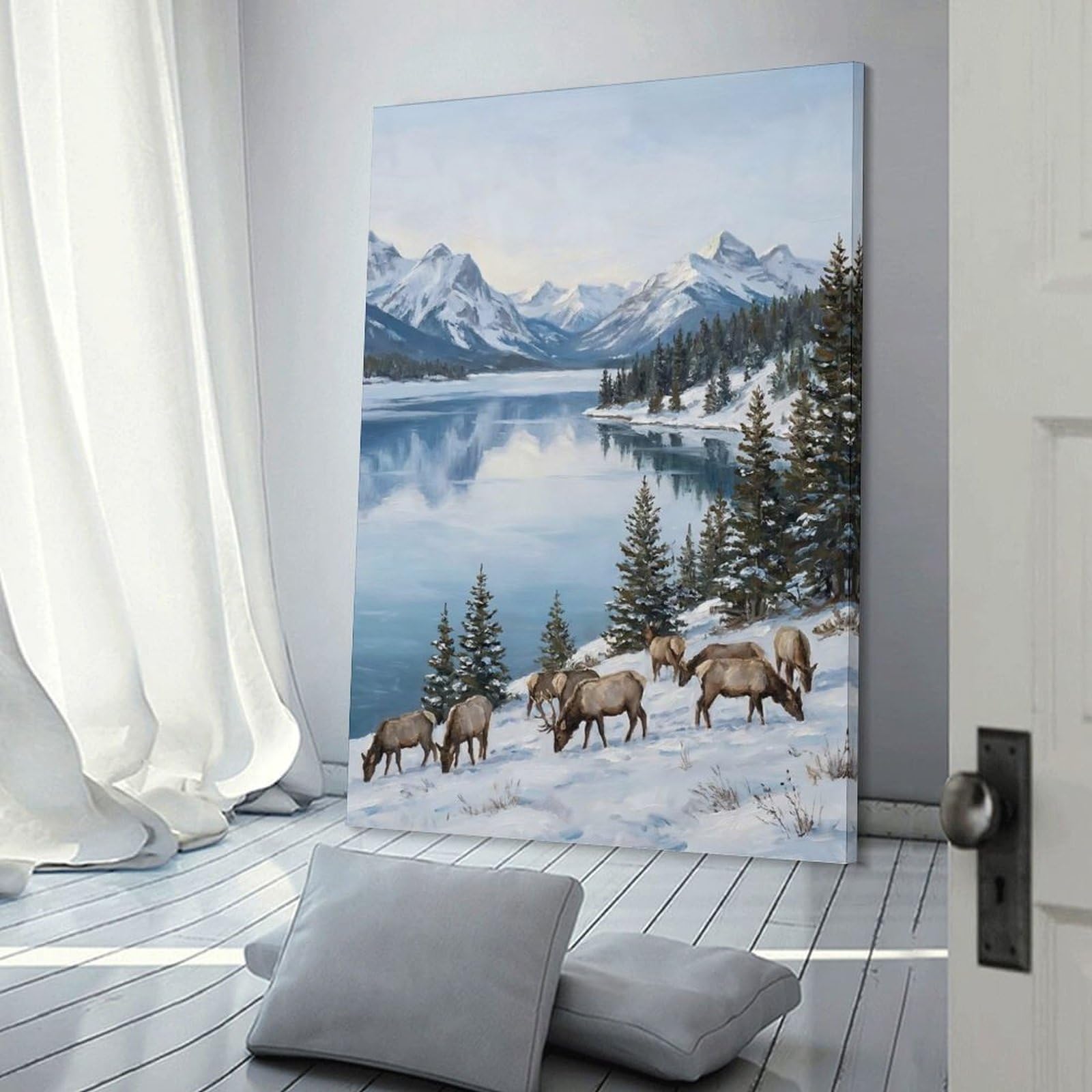 Junmoney Wall Picture Print Elk in A Snowy Mountain Landscape, 20x30inch(50x75cm), for Living Room, Bedroom Or Home Office, Thoughtful Wall Decor for Art Lovers