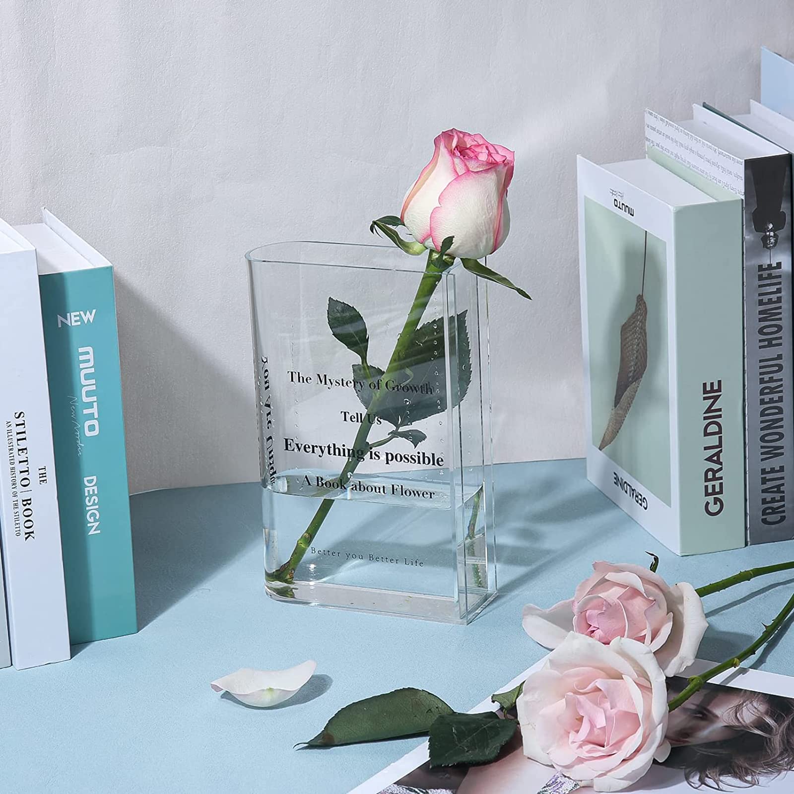 Vaso per libri trasparente acrilico trasparente con stampa di lettere vaso per fiori contenore per composizioni floreali nordico scaffale per libri da tavolo ornamento decorazioni per la casa  15