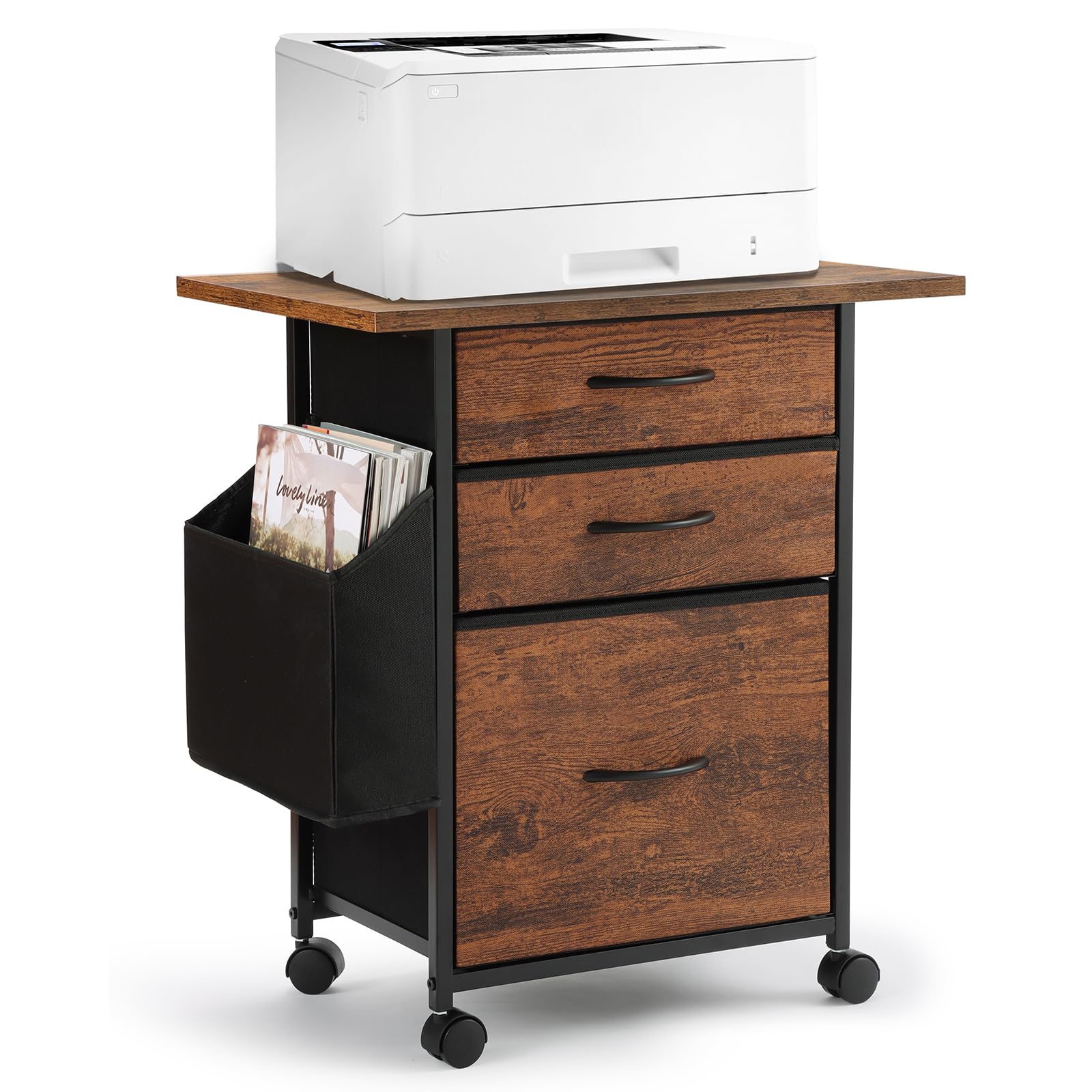 Printer Stand with 3 Fabric Drawer, Mobile File Cabinet for Home Office with Storage Bag, Rolling Under Desk Organizer Shelf, Fits A4 or Letter Size, Complete Top Plate Fast Assembly