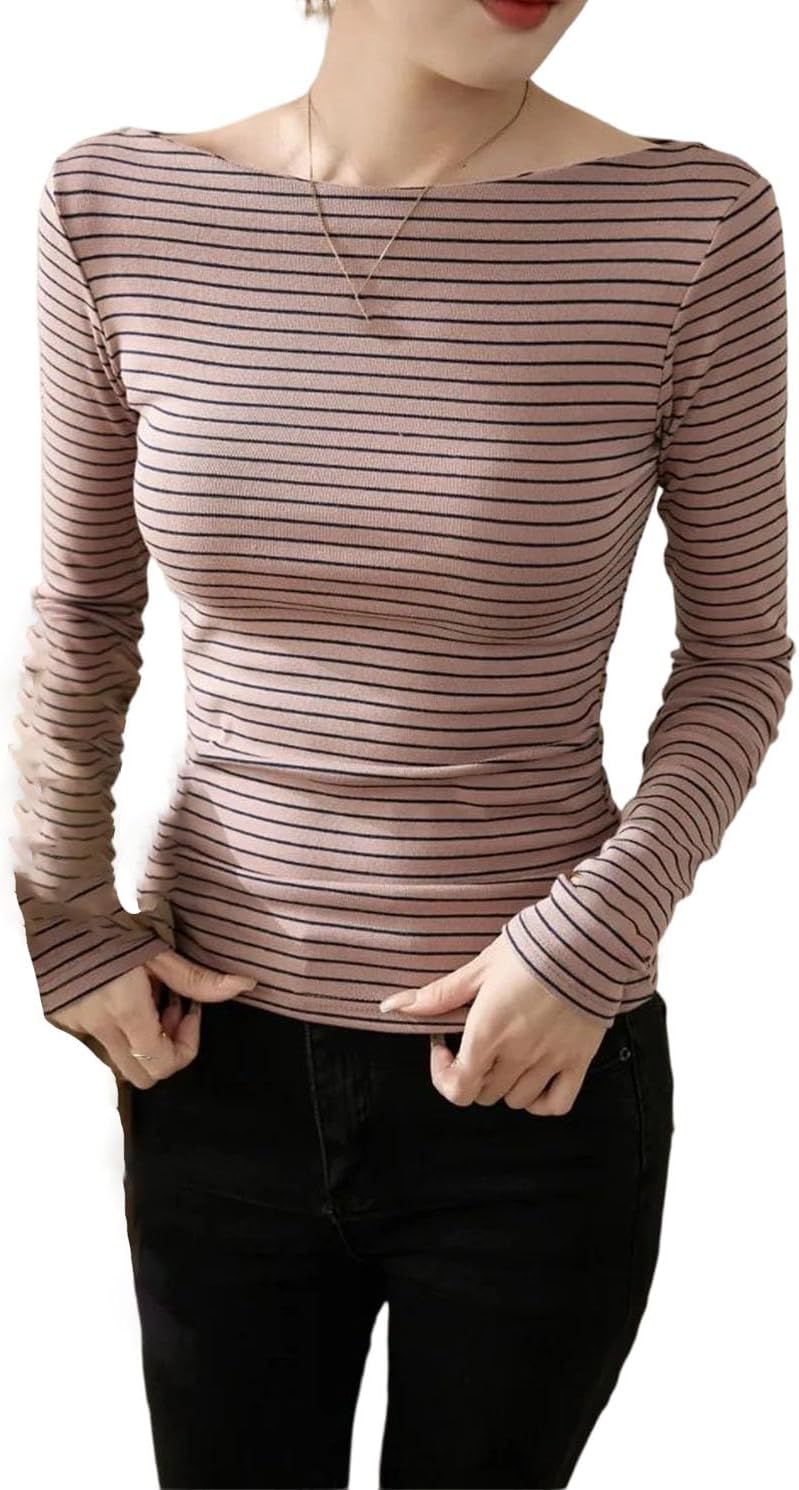 Women's Retro One Neck Striped T-Shirt for Women Long Sleeved Thick Slim Fit Cotton Base Shirt Top