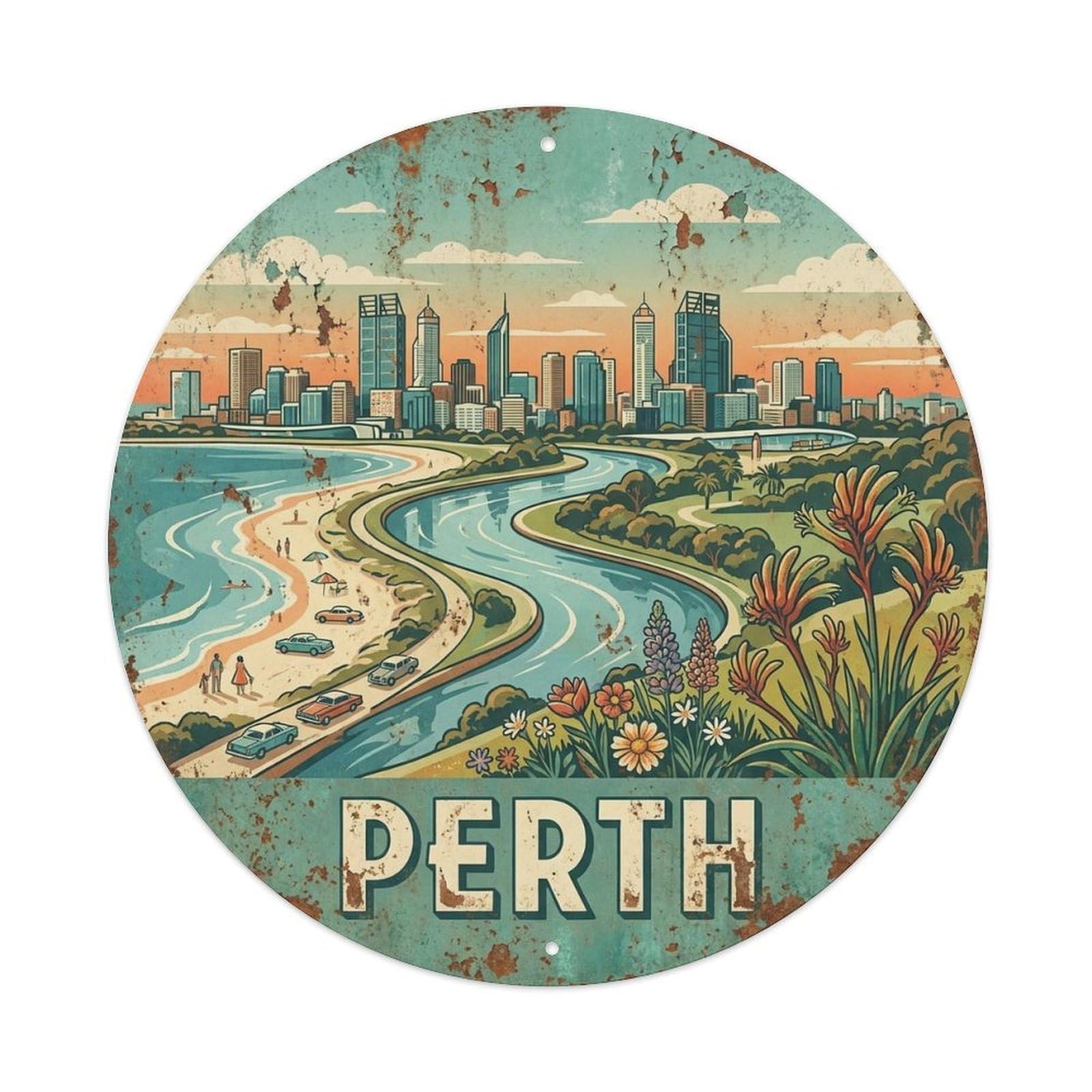 Olyhtr 8X8inch Classic Style Australia Travel Vintage Perth City Coast Outback Metal Tin Sign