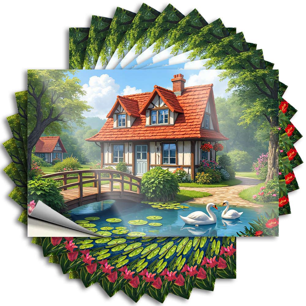 Lettering Sticker Home Decor Men Waterproof Vinyl Sticker | A Quaint Cottage with A Wooden Bridge Over A Serene Pond, Surrounded By Lush Square Laptop for Mold DIY Projects(12X18CM)