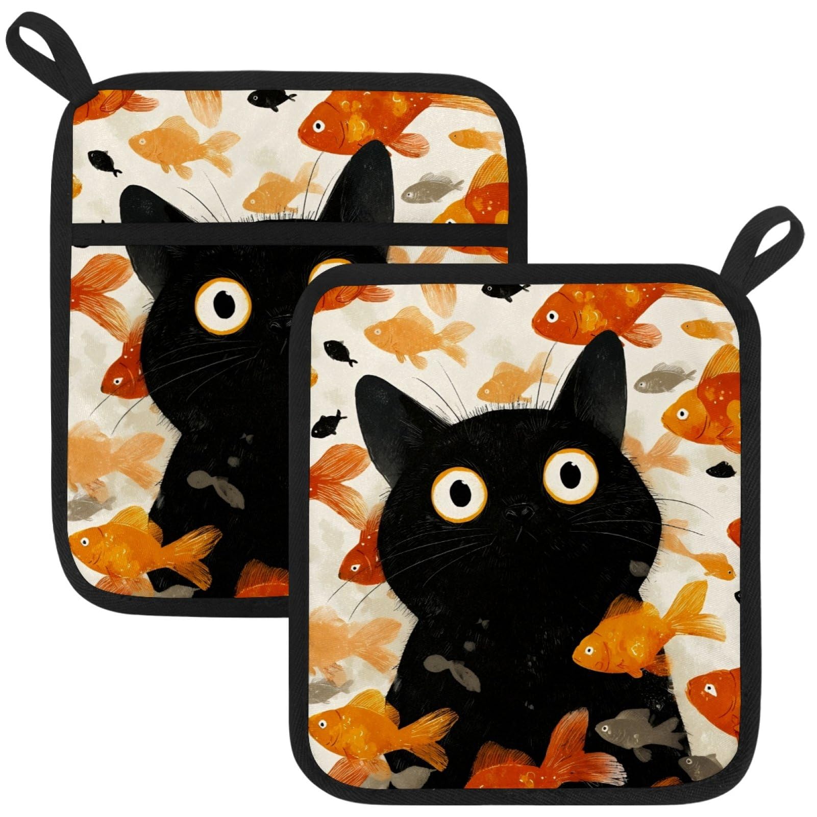 VAPOKF Cat Fish Pot Holders with Pocket for Kitchen Heat Resistant Potholders Large Polyester-Cotton Square Oven Mitts Set