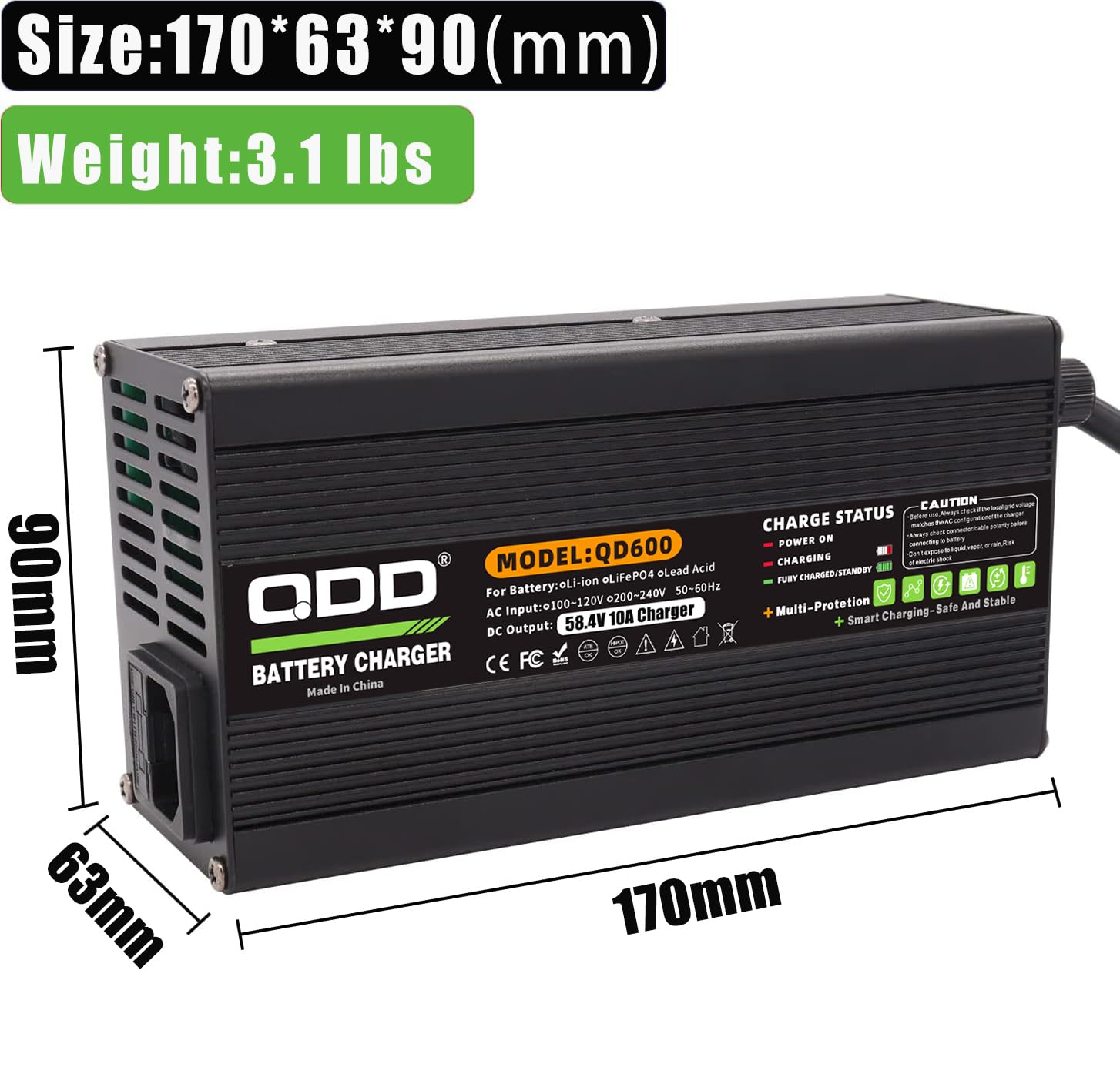 QDD Chargeur de Batterie 58,4 V 10 A Chargeur de Batterie 48 V LiFePO4 pour Pack de Batterie 16 S 48 V LiFePO4 Chargeur Intelligent Complet avec Connecteur à Pince Crocodile