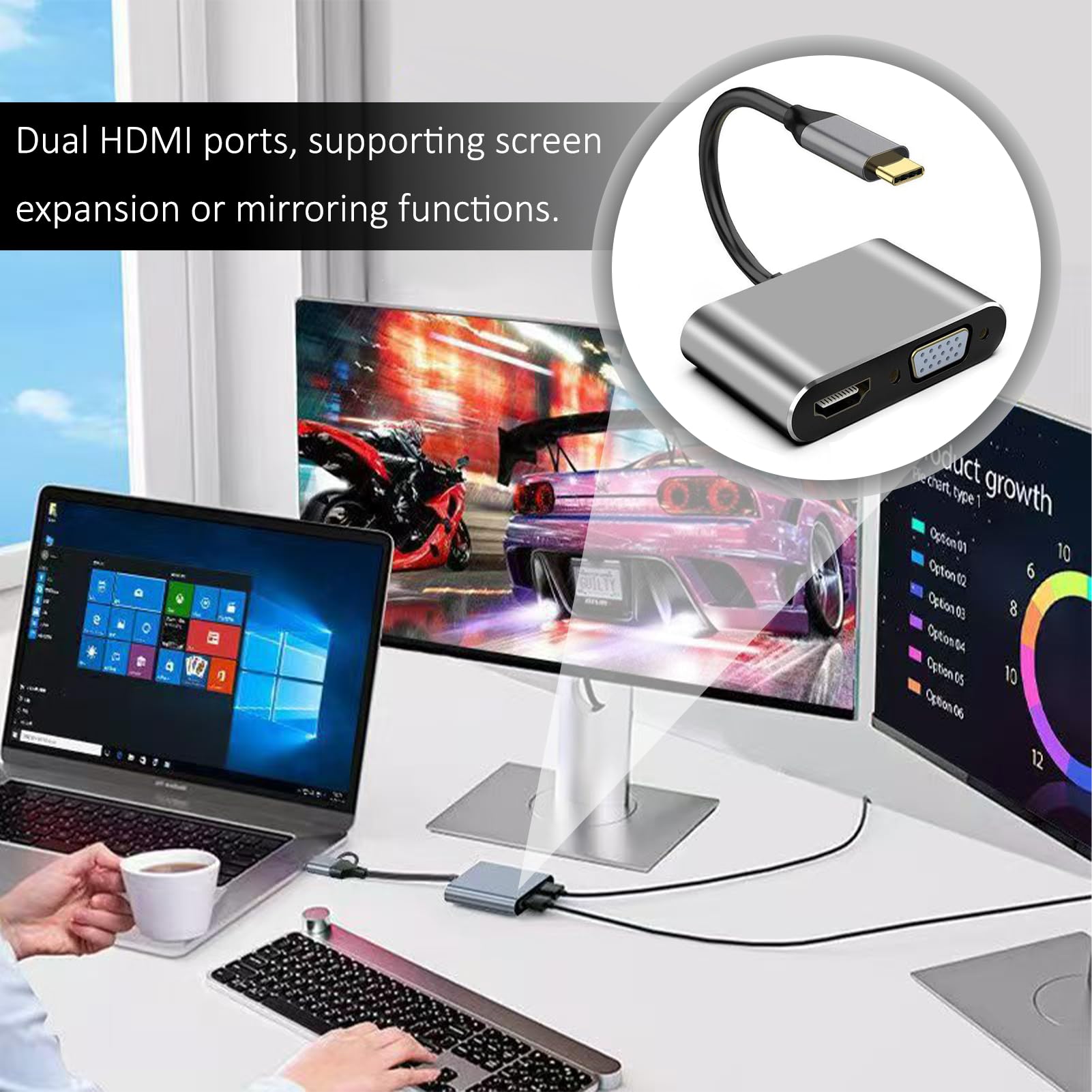 Adaptateur USB C vers HDMI VGA USB 3.0 PD 4 en 1 Hub Multiport Charge 100W pour MacBook Chromebook HDTV