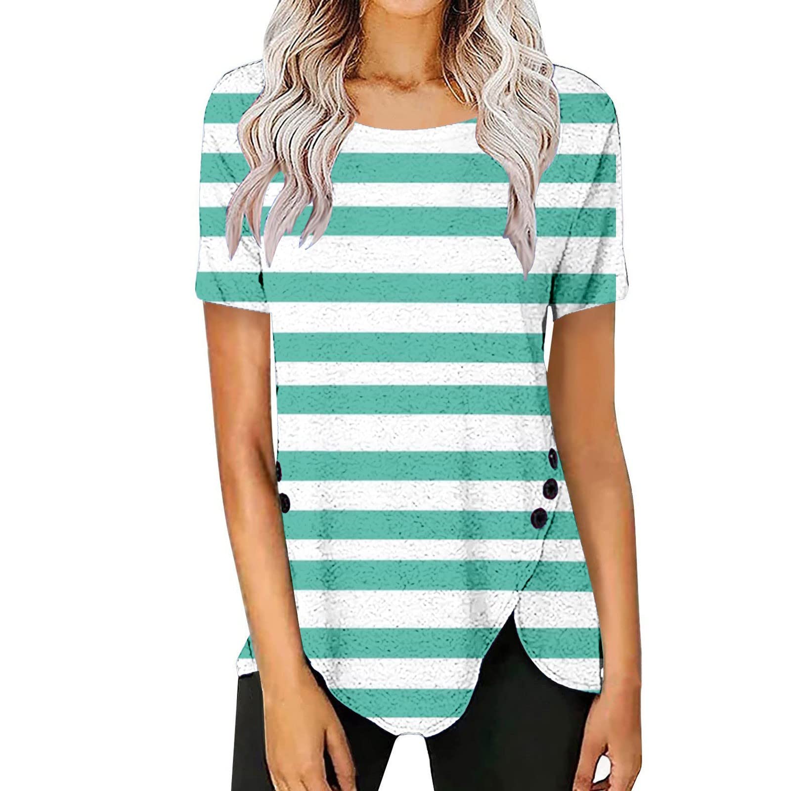 QUINTRAWomen's Loose Fit Casual Fashion Button Button Pullover Short Sleeve Shirt Red, Mint Green, L