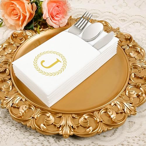 Miniatura 4 de Servilletas desechables con monograma con bolsillo, 50 servilletas de cena con letra J Pocekt con bolsillo integrado para cubiertos, tela preplegada