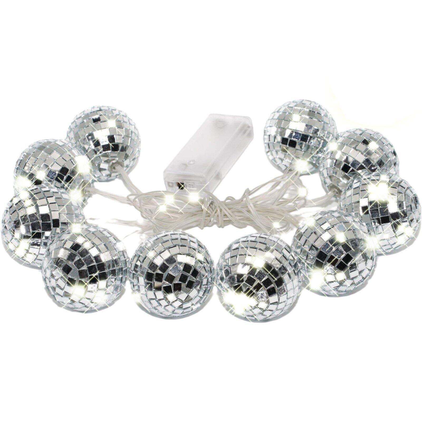 Abbdbd Led Disco Ball String Light, Battery Operated Silver Hanging Mirror Disco Party Light Mini Disco Balls Ornaments for Party Decorations