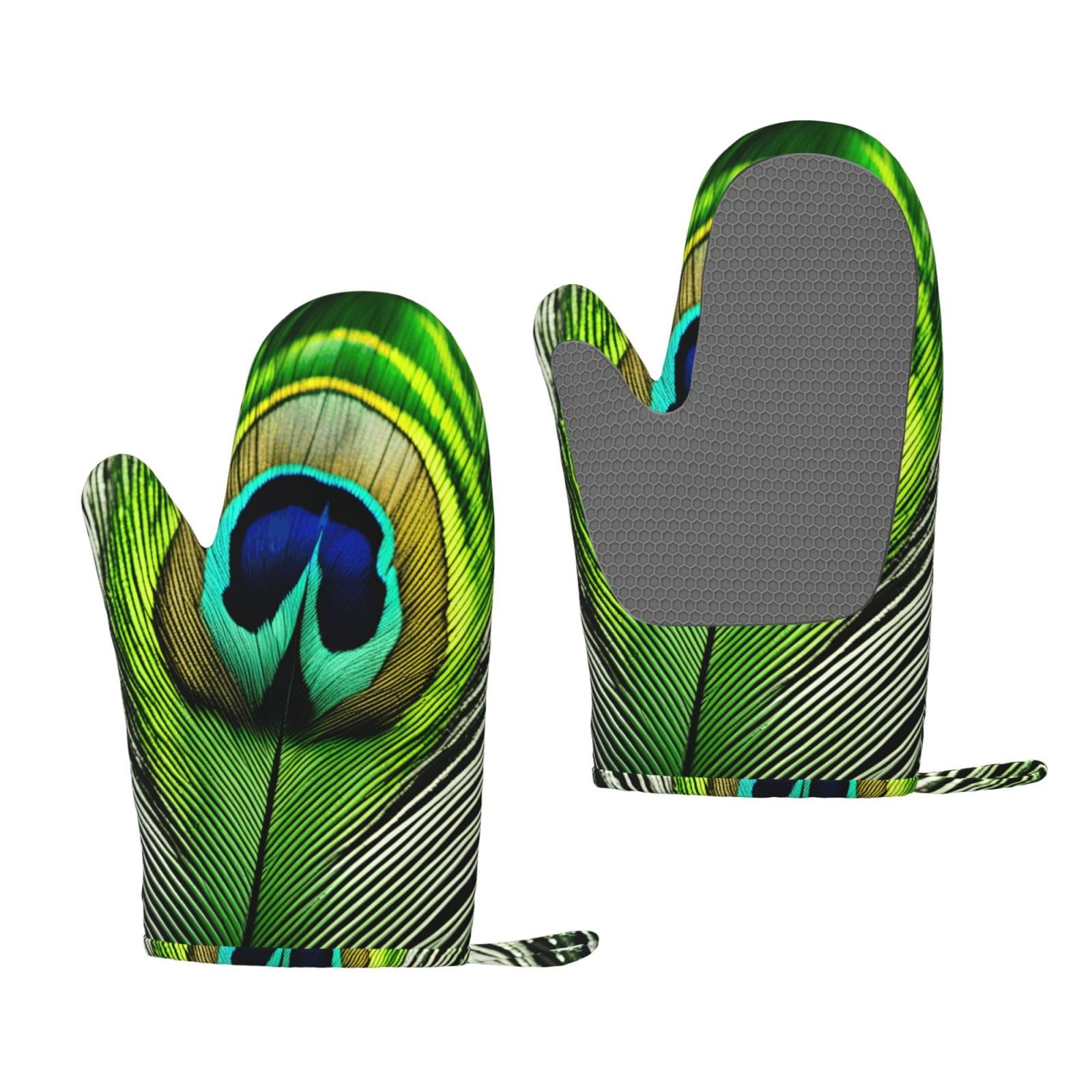 Green Peacock Feather Print Oven Mitt Non-Slip Heat-Insulating Silicone Ovens Mitts Kitchen