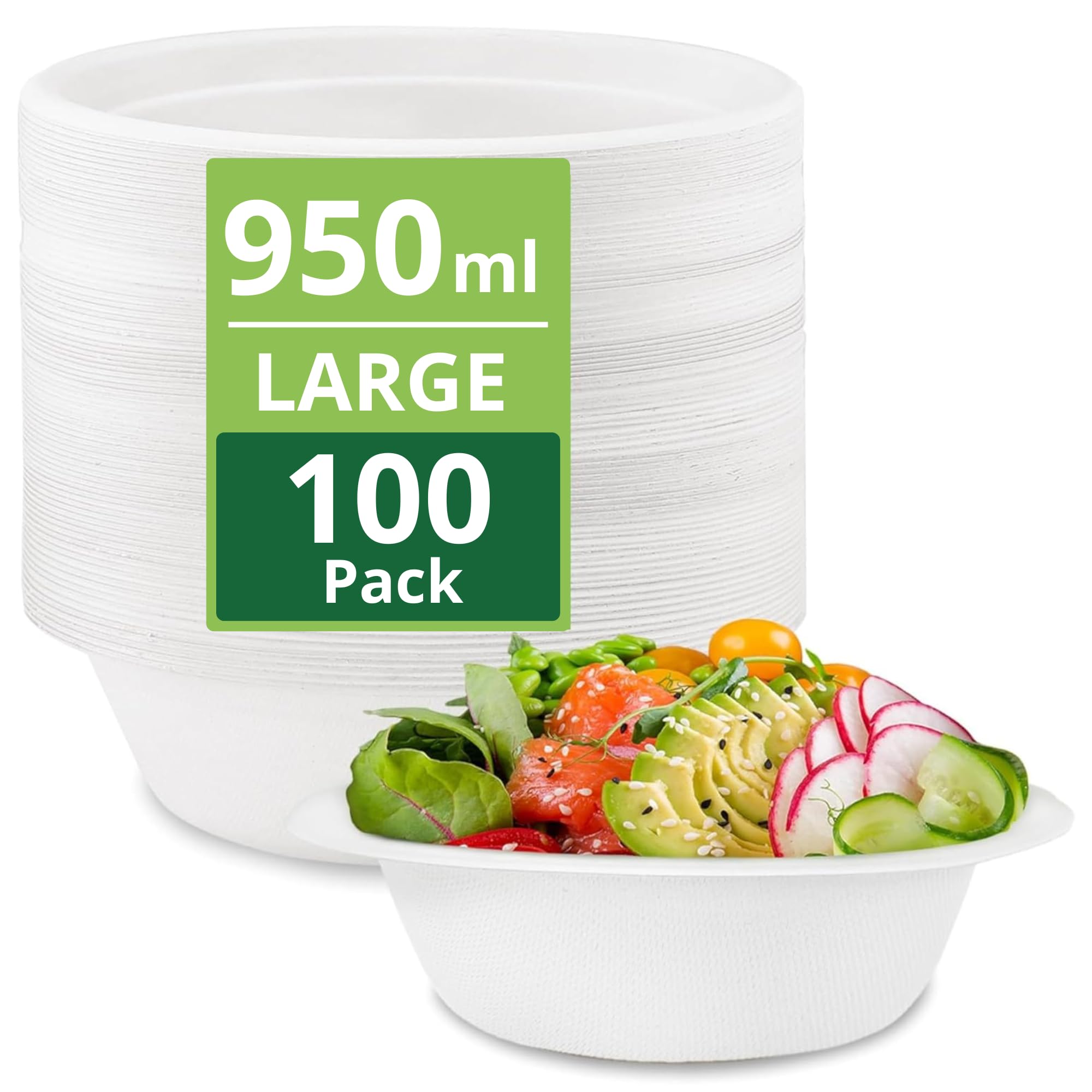 Strong Paper Bowls (950ml / 100 Pack) Extra Large Disposable Compostable Bagasse Bowl for Party – (8.5 x 2.4 inches) Biodegradable Eco-Friendly Heavy-Duty Microwavable Soup Bowls – Full Meal