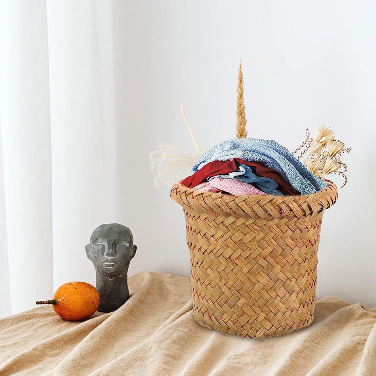 DOITOOL Cestino Intrecciato in Paglia Marrone Naturale per Raccolta Differenziata, Contenitore Multifunzione Pratico per Cucina e Bagno, Dimensioni Xl 24x20 Cm