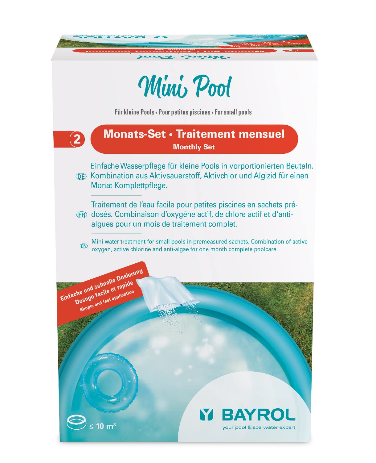 BAYROL Mini Pool - Traitement mensuel - Entretien Facile Piscine Hors Sol en sachets pré-​dosés - Combinaison d'oxygène Actif, de Chlore & Anti-​algues