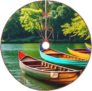 Lake with Boats Canoes Park Print Linen Christmas Tree Skirt, fit for Christmas Tree Decoration, Holiday Party Supplies