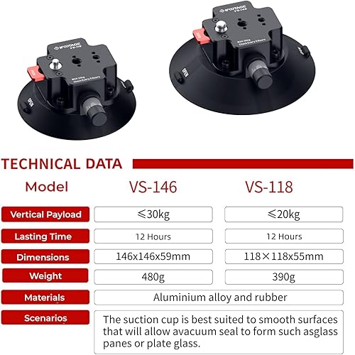 Miniatura 3 de IFOOTAGE Soporte para cámara para automóvil VS-146, carga útil de ventosa para vehículos, 66.1 lbs, fijación segura de 12 horas, roscas de 3/8