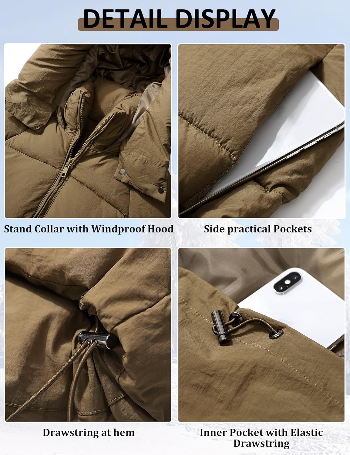 PEHMEA Women Mid-Length Puffer Hooded Jacket Winter Padded Warm Coat Thicken Outerwear Coats(Khaki-XL) - Image 3