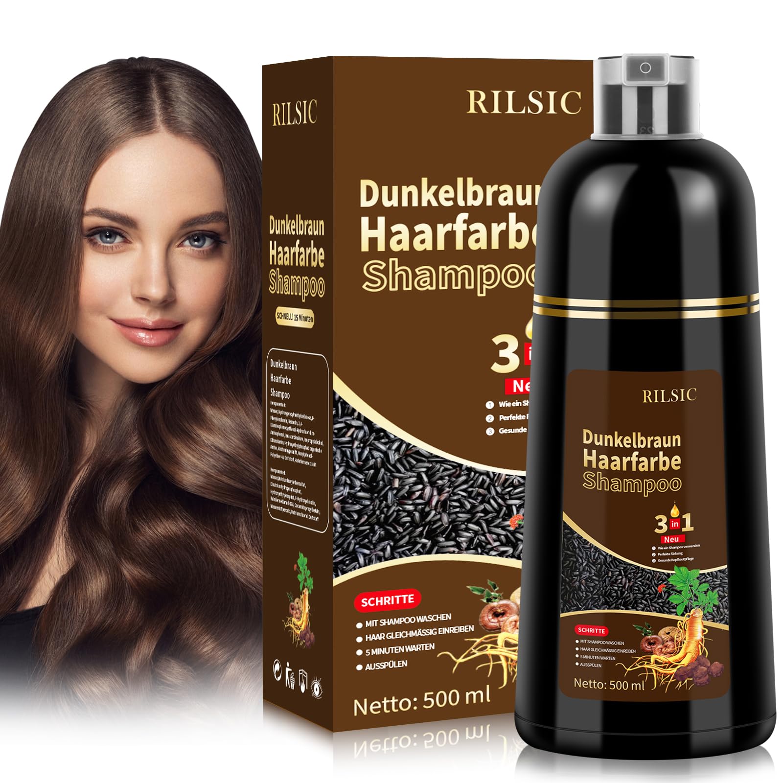 BLSFXROE Haarfarbe Shampoo Dunkelbraun 3in1 – Sofortiges Färben, Haarpflege, 500 ml