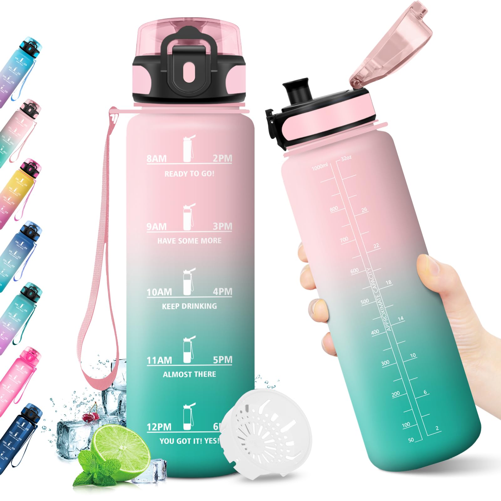 KollyKolla Drinking Bottle, 1 Litre, Suitable for Carbonated Drinks, Water Bottle with Time Markings, BPA-Free, Leak-Proof, Sports Bottle for Children, Adults, Sports, Camping, Gym, Office,